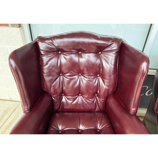 Wood Pair of Vintage Maroon Leather Wingback Chairs by Classic Leather For Sale - Image 7 of 17