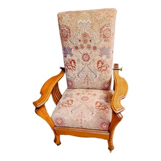 1950 Reclining Morris Chair With Re-Upholstered Fabric and a Wrought Iron Moveable Back For Sale