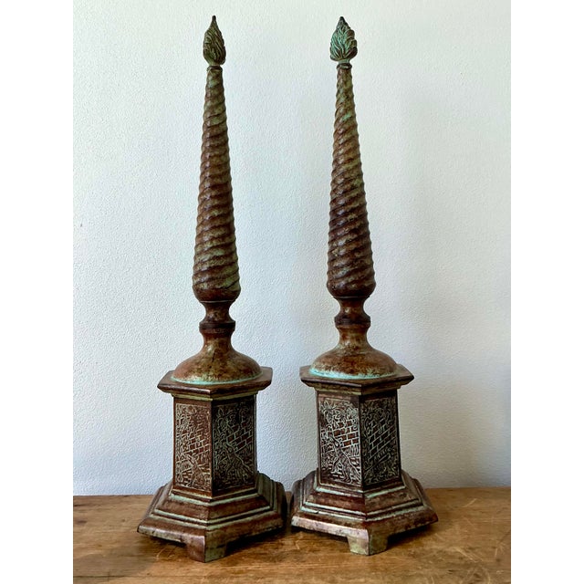 Late 20th Century Vintage Boho Patinated Metal Obelisks - A Pair For Sale - Image 5 of 12