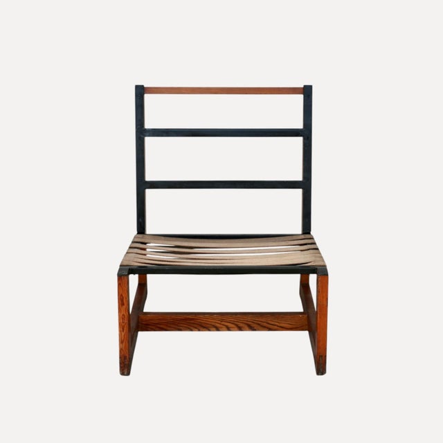 1960s Lounge Chairs with Wooden Frames, Fabric Strap Seats, Metal Slat Backrests and Beige Upholstery France, 1950s, Set of 2 For Sale - Image 5 of 15