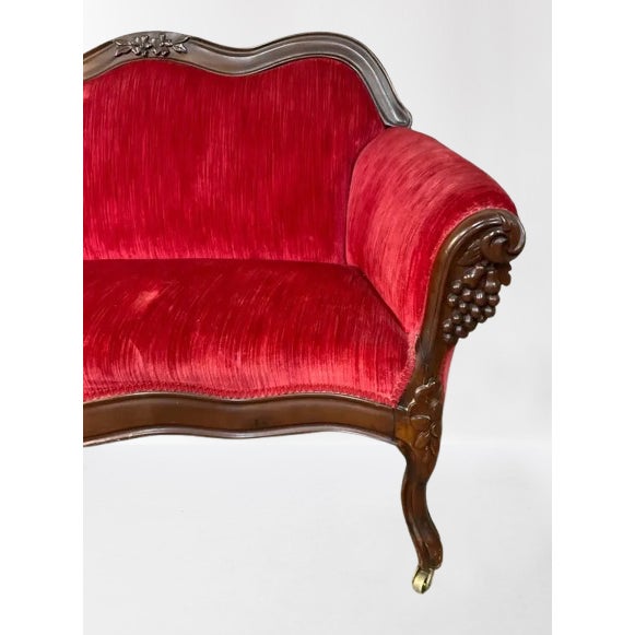 Mid 20th Century The Chateau Salon: Custom French Louis XV Rococo Revival Crimson Velvet Settee For Sale - Image 9 of 14