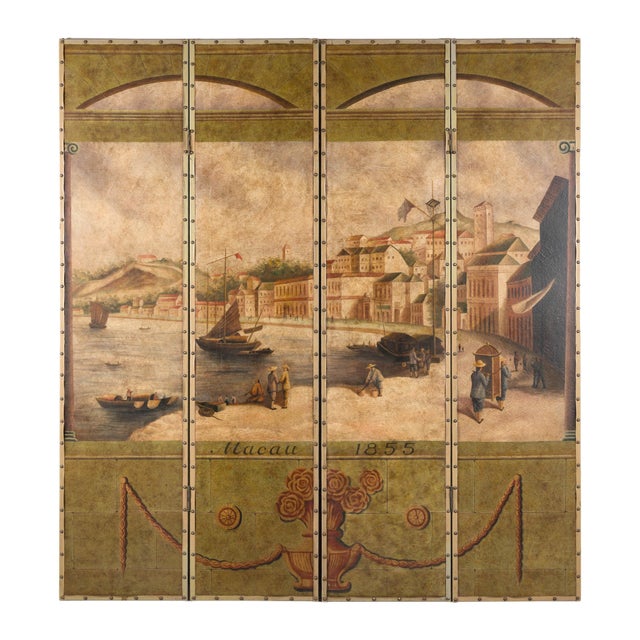 Vintage Four-Panel Painted Screen Depicting Macau Harbor, 1855 For Sale - Image 10 of 17