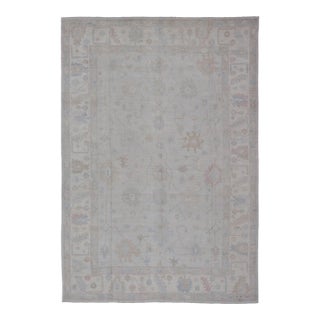 Large Modern Oushak Rug in Soft Gray With Faded Pastel Motifs and Subtle Design For Sale
