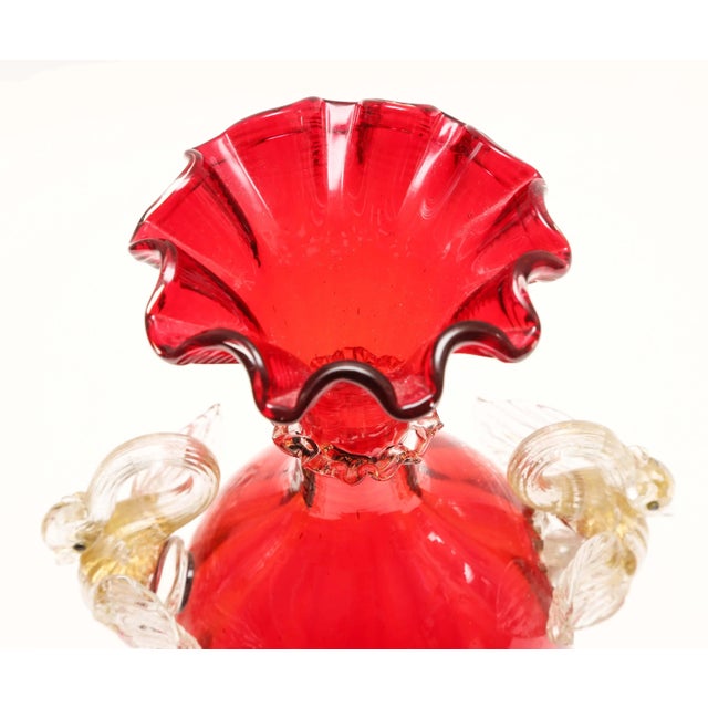 Glass Red Venetian Vase With Double Swan Handles, 24-Karat Gold Inclusion For Sale - Image 7 of 8
