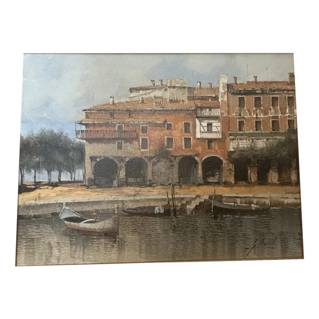 Torri del Benaco Borelli Guido, Hotel Albergo Gardesana Harbor, 1970s, Oil Painting on Canvas For Sale