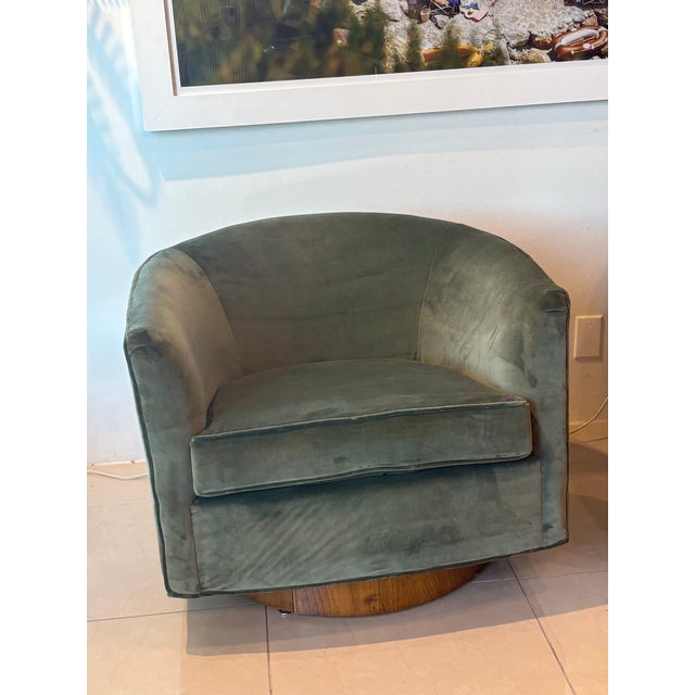 Vintage Pair Milo Baughman for Thayer Coggin Walnut & Green Velvet Swivel Chairs For Sale In West Palm - Image 6 of 12