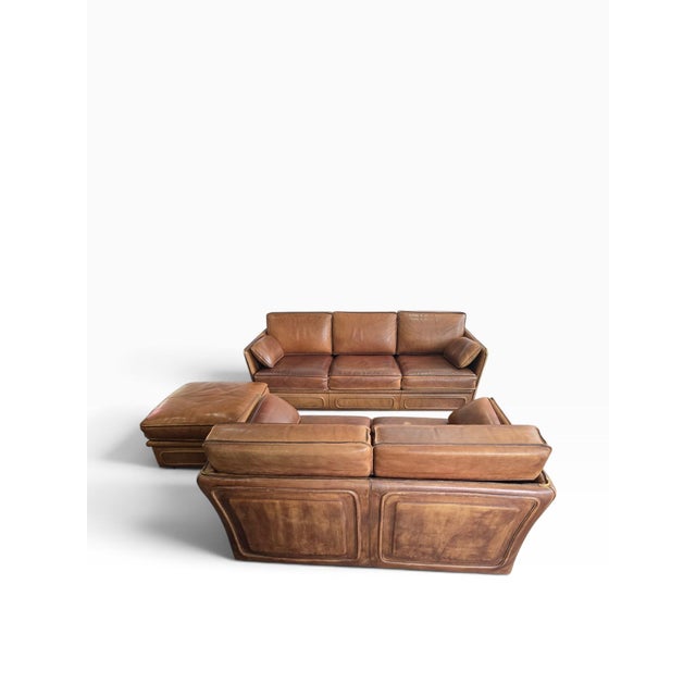 Vintage Living Room Set in Cognac Buffalo Leather from Roche Bobois, 1980s, Set of 3 For Sale - Image 6 of 18