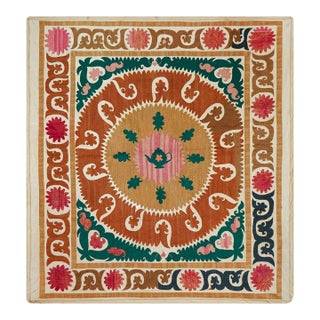 Boho Decor Suzani Panel | Large Terracotta & Teal Embroidery Bed or Sofa Throw 4'3'' X 4'5'' For Sale