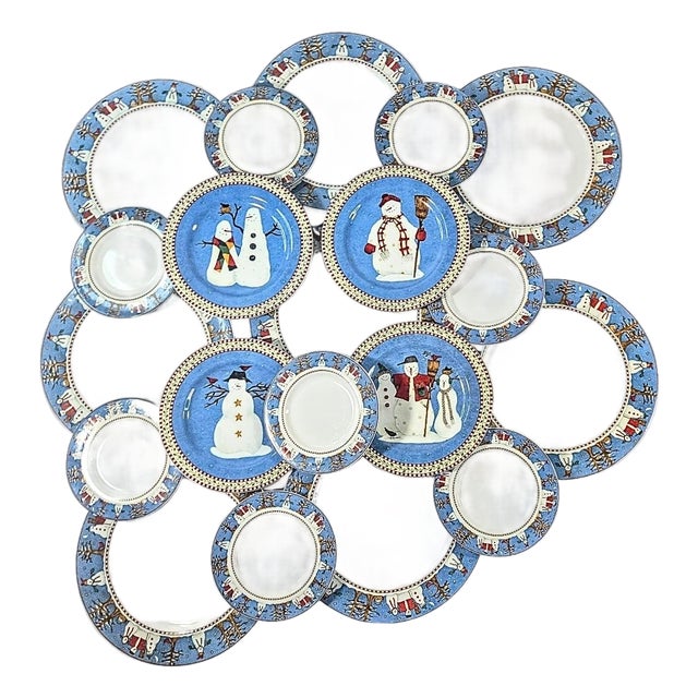 Vintage Debbie Mumm Snowman Holiday China- Set of 20 For Sale