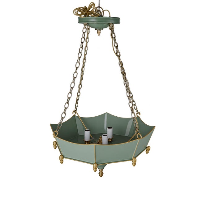 Art Deco Vintage Tole Umbrella-Shaped Metal Chandelier — Sage Green and Gold Leaf For Sale - Image 3 of 12