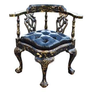 Vtg. Corner Chair Black Lacquer Gilt Chippendale Roundabout For Sale