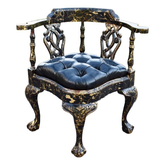 Vtg. Corner Chair Black Lacquer Gilt Chippendale Roundabout For Sale