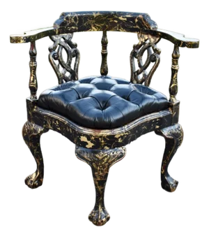 Vtg. Corner Chair Black Lacquer Gilt Chippendale Roundabout