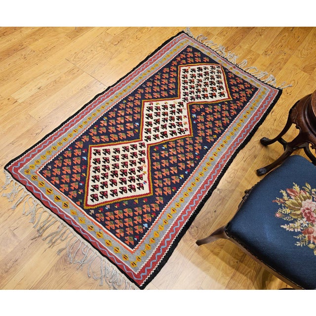 Vintage Persian Senneh Kilim, Flat-Woven Wool Rug, Paisley Pattern, Ivory & Black, 3x6 For Sale - Image 14 of 15