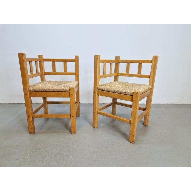 Vintage Dutch Art Deco Style Corner Chair in Oak and Rush, 1950s, Set of 2 For Sale - Image 13 of 13