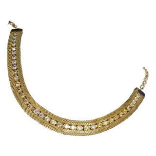 MCM Woven Gold-Tone Mesh, Prong-Set Aurora Borealis Rhinestone Choker Necklace For Sale