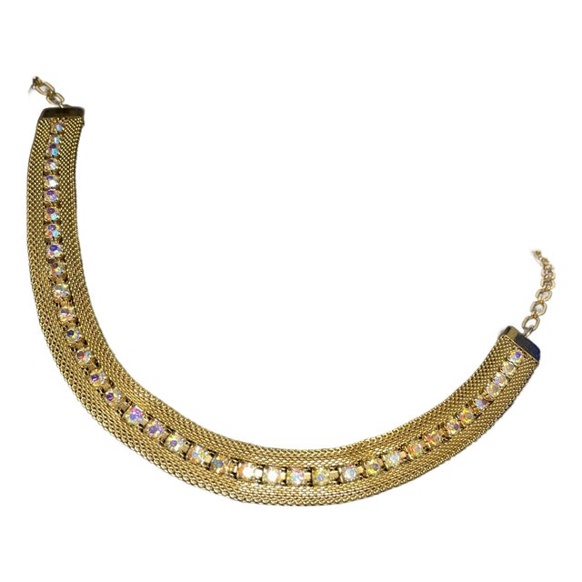 MCM Woven Gold-Tone Mesh, Prong-Set Aurora Borealis Rhinestone Choker Necklace For Sale