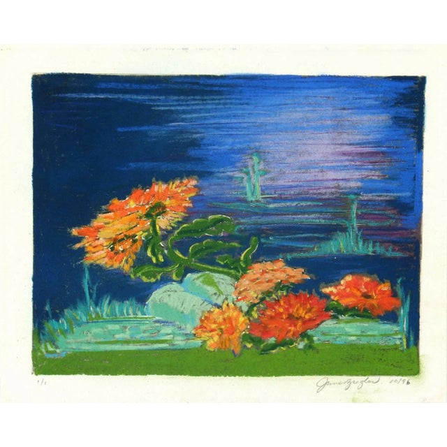 June Ziegler. Vibrant Colored Pastel With Blue Background- Waterside Bloom For Sale