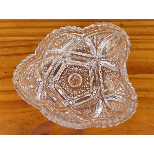 This exquisite Early American Pattern Glass (EAPG) tri-cornered nappy bowl is a stunning example of the Brilliant Period...