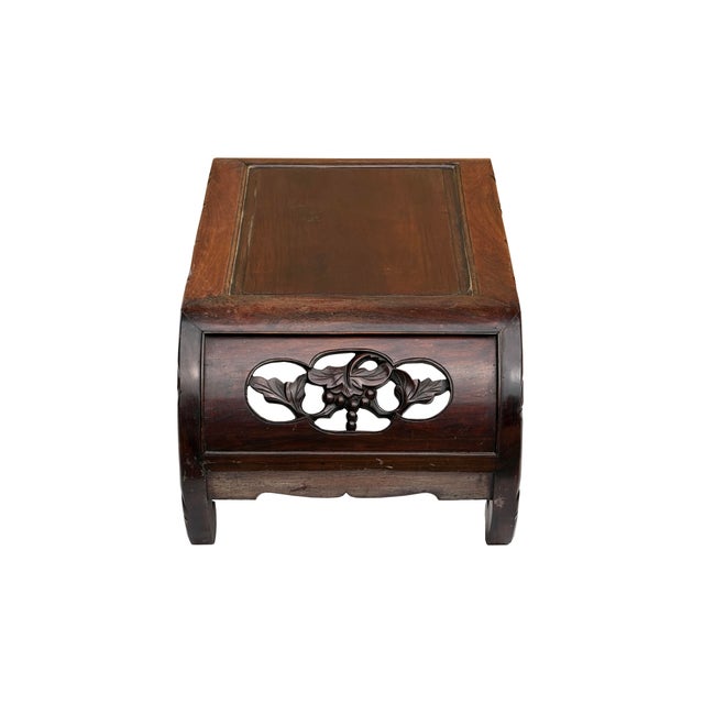 Asian Dark Brown Flower Motif Apron Scroll Leg Low Kang Coffee Table For Sale - Image 3 of 10