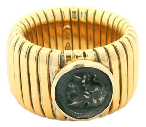 Italian 18k Yellow Gold Tubogas Ring With Ancient Coin, Vintage 1970s, Size 8.5