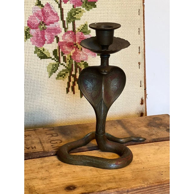 Mid-Century Modern 1970s Snake Brass-Tone Candle Holder With Ornate Floral Patina For Sale - Image 3 of 7