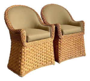 Vintage Woven Rattan Lounge Chairs - A Pair