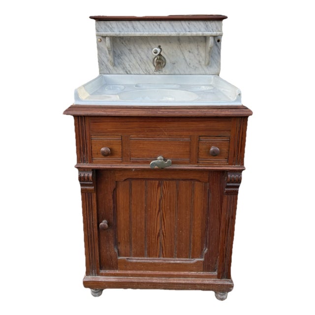 Antique French Washstand in Pitch Pine and White Marble with Zinc Water Tank, 1900s For Sale