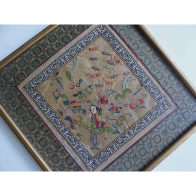 Figurative Set of 3 Asian Antique Embroidery Textile Art Framed Early 20th Century China For Sale - Image 3 of 12