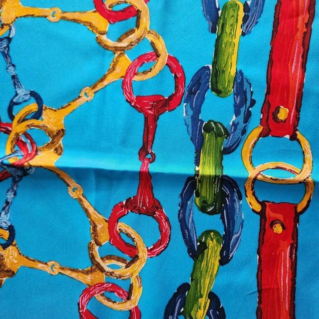 1990s Gucci Italian Silk Scarf Equestrian Blue For Sale - Image 9 of 9