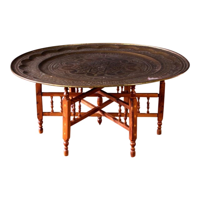 1970s Vintage Moroccan Brass Tray Coffee Table | Chairish