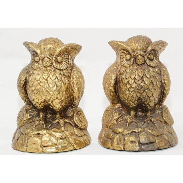 Mid-Century Modern Vintage Cast Solid Brass Owl Bookends Mid-Century Modern 1950s For Sale - Image 3 of 11