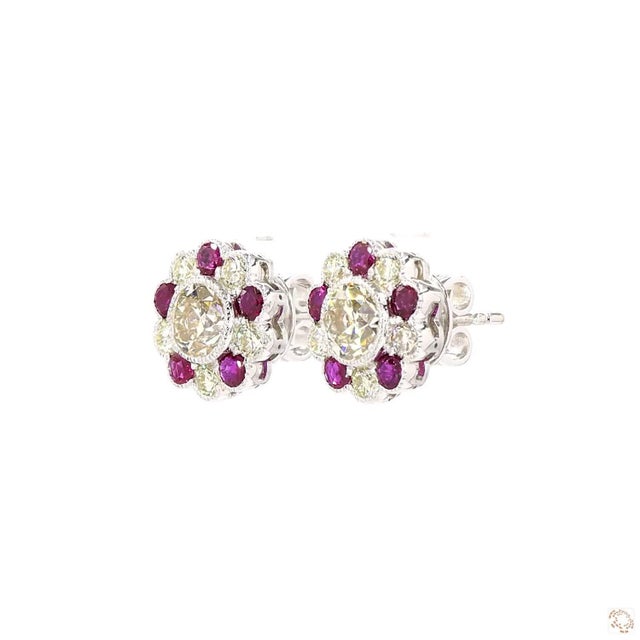 1940s 2.79 Carat Round Brilliant Cut Diamond Ruby Earrings, Pair For Sale - Image 4 of 9