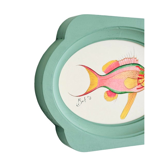 Original Hand-Painted Pink Fish Painting, in a Hand-Painted Scalloped ...