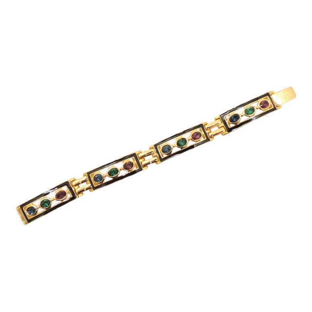 Vintage 1980s Signed Bijoux Cascio Italy Enamel & Rhinestone Bracelet For Sale