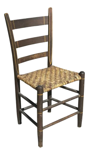 Early 19th Century Antique Ladderback Side Chair in Old Black Varnish With Gold Painted Accents