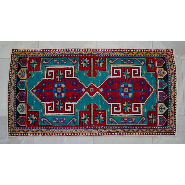 1960s Vintage Small Turkish Rug Turquoise Kitchen Bathtoom Entry Decor 2x4 Ft Approx For Sale - Image 10 of 13