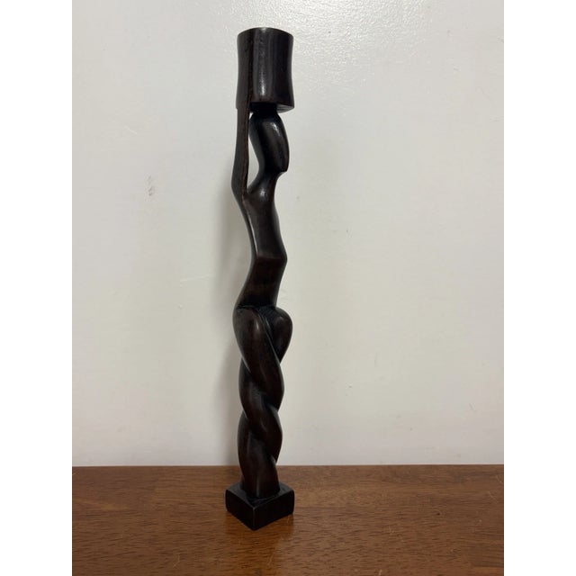 Wood Vintage Hand-Carved Dark Wood Figural Candlestick, 12 Inch For Sale - Image 7 of 10