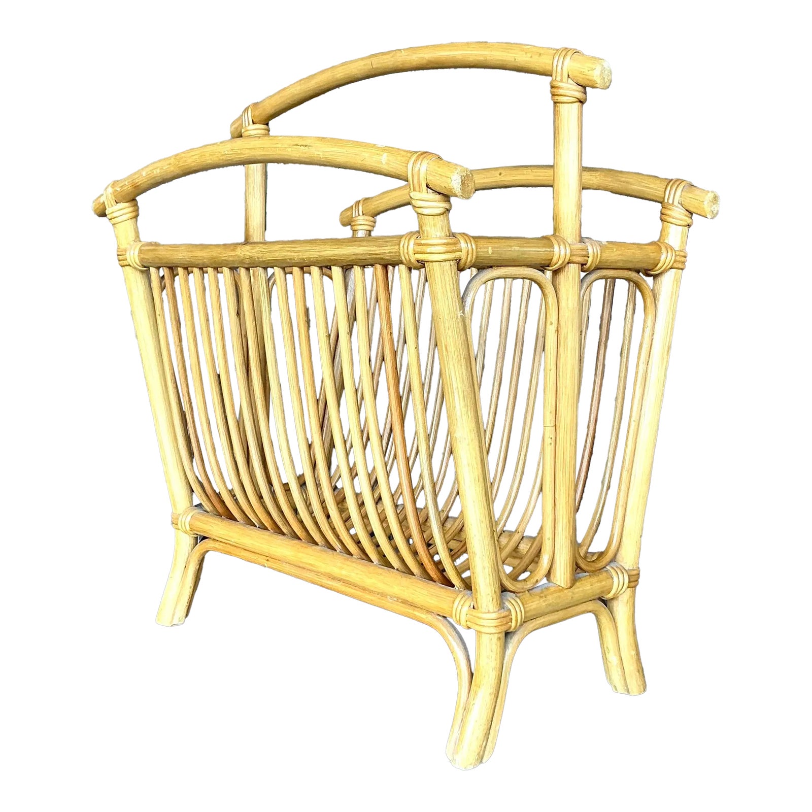 Vintage Coastal Rattan Newspaper Rack | Chairish