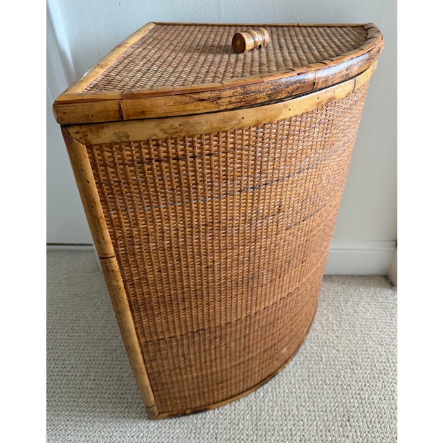Boho Chic Rattan Corner Hamper Basket With Triangular Design For Sale - Image 3 of 11
