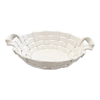 Italian White Ceramic Basketweave Centerpiece Bowl With Handles For Sale
