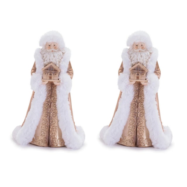 Kenneth Ludwig Chicago Santa Figurines with House inGold andWhite (Set of 2) For Sale - Image 4 of 4