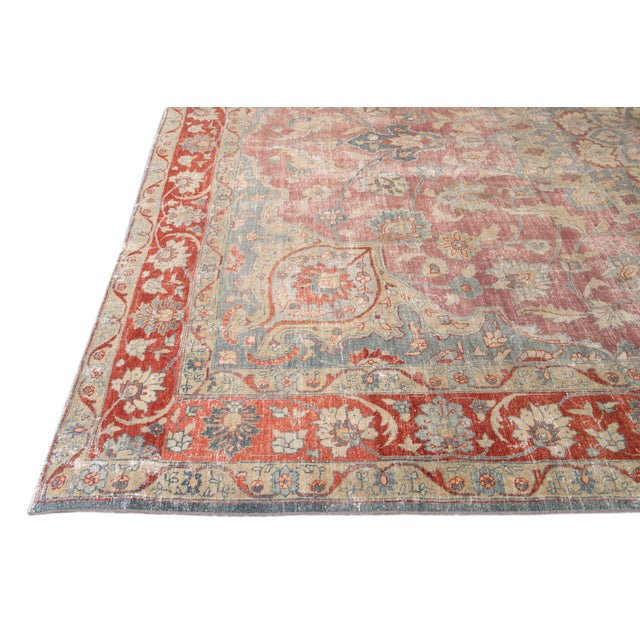 Antique Persian Tabriz Red and Blue Handmade Medallion Floral Wool Rug For Sale - Image 4 of 10