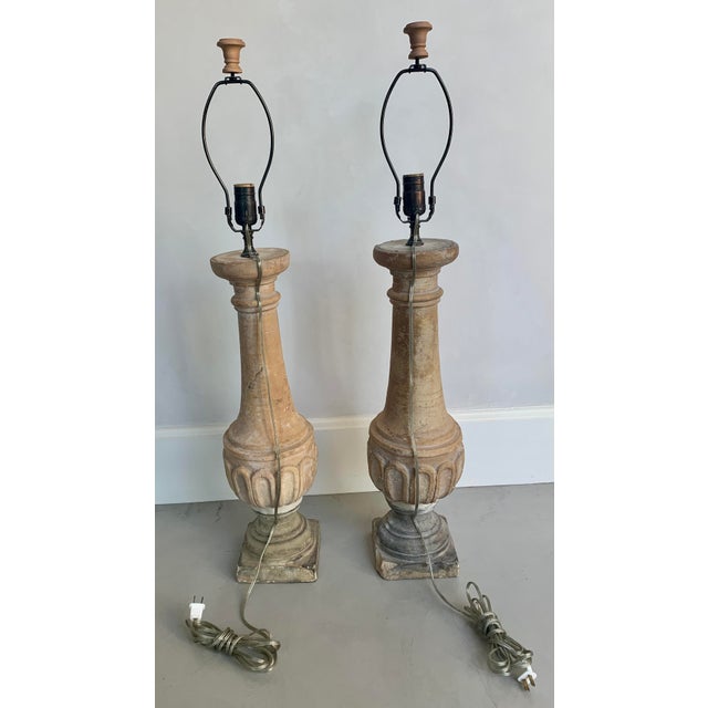 Late 20th Century French Plaster Column Lamps in Sand Finish With Custom Shades & Finials - a Pair For Sale - Image 4 of 5