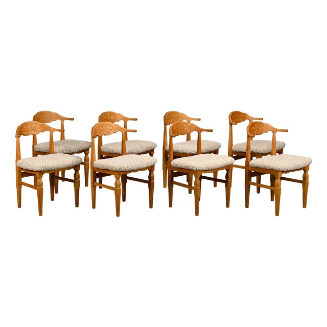 Brutalist Dining Chairs in Oak and Sheepskin from Henning Kjærnulf, Denmark, 1960s, Set of 8 For Sale