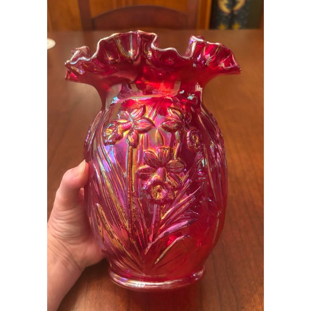 Fenton Iridescent Red Cranberry Daffodil Vase For Sale - Image 10 of 10