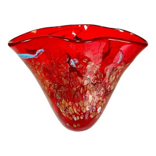 1970s Vintage Italian Venetian Blown Glass Handkerchief Red Vase, Murano Style. For Sale