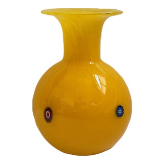 Vintage Yellow Murano Glass Vase With Millefiori | Made in Italy | Signed For Sale
