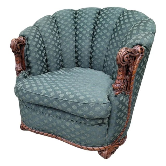 Art Deco Carved Ornate Channel Back Curved Sofa, Lounge Chair and Ottoman for Reupholstery - Set of 3 For Sale - Image 9 of 12