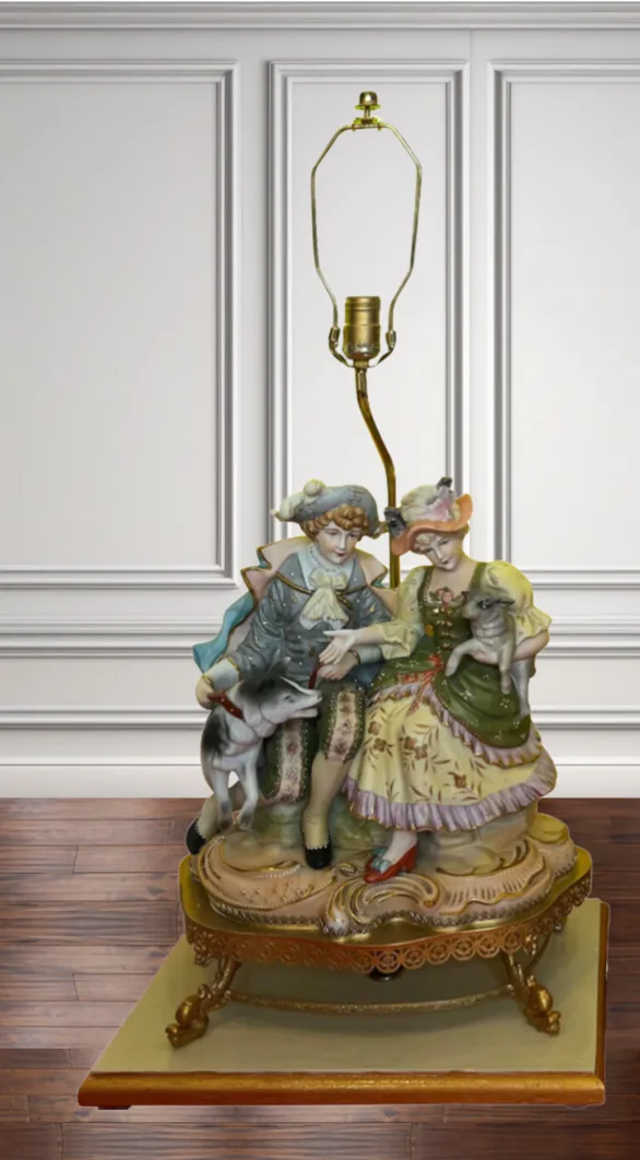Vintage Bisque Figurine Table Lamp: Siblings Sitting With a Lamb